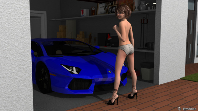 Обои картинки фото 3д графика, люди , people, автомобиль, девушка, фон, взгляд