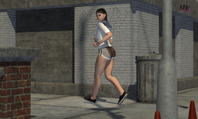 Обои картинки фото 3д графика, люди , people, улица, спорт, бег, фон, взгляд, девушка