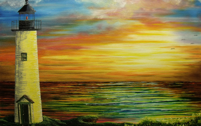 Обои картинки фото рисованное, живопись, закат, вода, чайки, море, маяк, холст