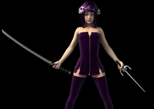 Обои картинки фото 3д графика, люди , people, венок, оружие, фон, взгляд, девушка, чулки