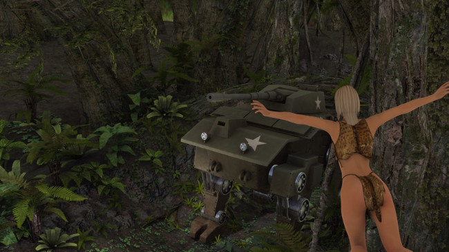 Обои картинки фото 3д графика, фантазия , fantasy, фон, танк, лес, взгляд, девушка