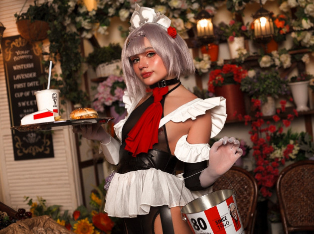 Обои картинки фото девушки, ангелина ситало , alcololi, костюм, образ, фастфуд