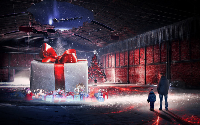 Обои картинки фото разное, компьютерный дизайн, санта, клаус, олени, крыша, дыра, подарки, мужчина, ребенок