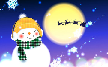 обоя праздничные, векторная графика , новый год, снежинка, снеговик, шапка, шарф, наушники, луна