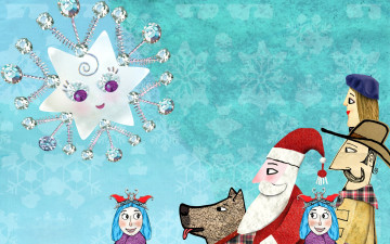 обоя праздничные, векторная графика , новый год, звезда, люди, санта, клаус, собака