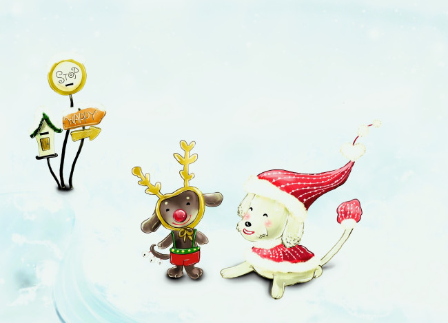 Обои картинки фото рисованное, праздники, снег, указатель, костюмы, новый, год, собаки