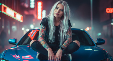 Картинка нейросеть 3д+графика люди-авто мото+ people-+car+ +moto авто девушка город улица тату арт