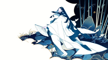 Картинка аниме unknown +другое+ девушка наряд веер камни бамбук