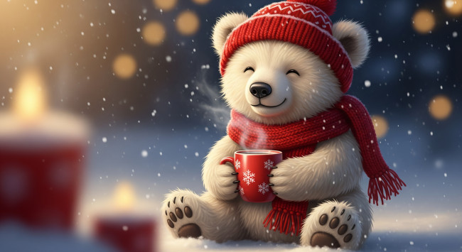 Обои картинки фото нейросеть, 3д графика, животные , animals, зима, арт, чашка, медвежонок