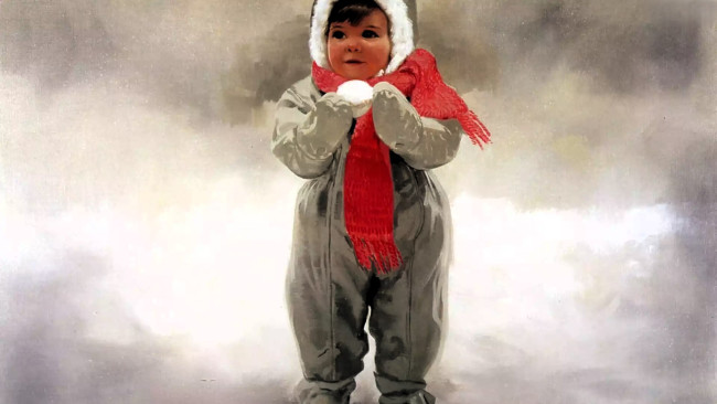 Обои картинки фото рисованное, donald zolan, ребенок, комбинезон, шарф, снежок