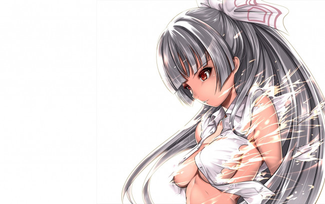 Обои картинки фото аниме, touhou, бант, красные, глаза, одежда, обрывки, белый, фон, девушка, fujiwara, no, mokou, saburou