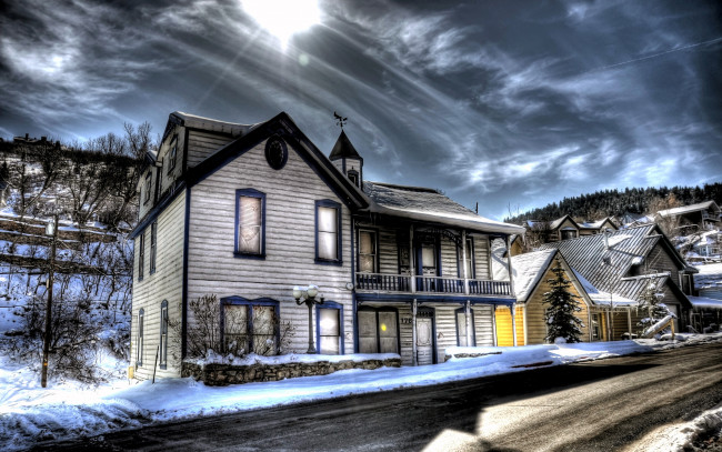 Обои картинки фото домики, города, улицы, площади, набережные, зима, дома, небо