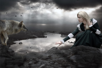 Картинка фэнтези -1фотоарт волк девушка