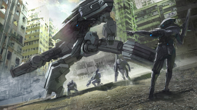 Обои картинки фото фэнтези, роботы,  киборги,  механизмы, робот, город, сражение, будущее, солдаты, дома, квартал