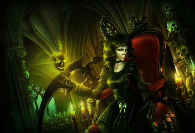 Обои картинки фото фэнтези, демоны, свечи, магия, трон, черепа, демон, готика