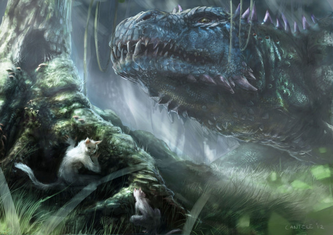 Обои картинки фото фэнтези, существа, лес, ящер, динозавр, дерево