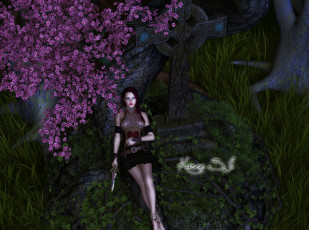 Картинка 3д+графика люди+ people сакура взгляд фон оружие девушка