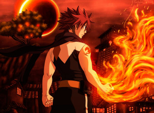 Картинка аниме fairy+tail луна город огонь дракон магия волшебники dragneel natsu
