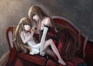 Картинка аниме bakemonogatari fuuko chan пончик oshino shinobu девушки kissshot acerolaorion heartunderblade диван платье комната