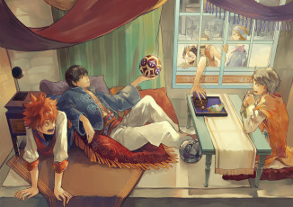 Картинка аниме haikyuu комната парни nishinoya yuu tobio kageyama окно мяч anaka ryunosuke sugawara koushi tsukishima kei shouyou hinata