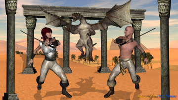 Картинка 3д+графика фантазия+ fantasy песок пустыня оружие мужчина рыжая взгляд фон девушка пальмы небо колоны дракон пирамиды египет