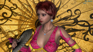 Картинка 3д+графика люди+ people рыжая веер фон взгляд девушка