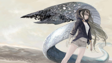 Картинка аниме животные +существа угорь вода куртка бинты шорты существо thinnesta count3 арт девушка