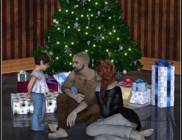 Обои картинки фото 3д графика, праздники , holidays, семья, новый, год, подарки, елка