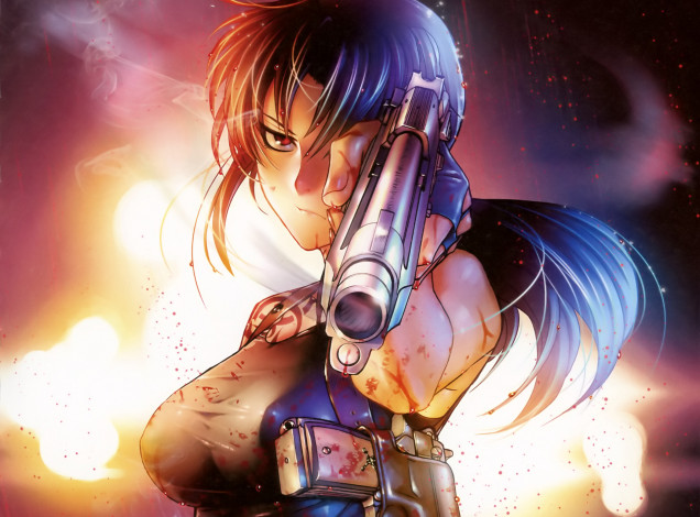 Обои картинки фото аниме, black lagoon, девушка, пистолет, дым, hiroe, rei, оружие, revy, кобура