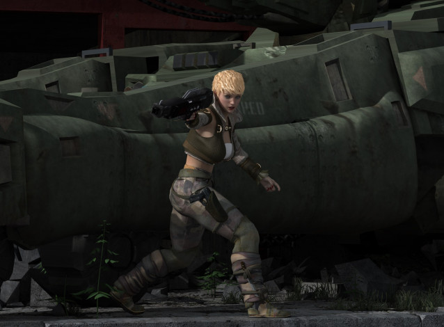 Обои картинки фото 3д графика, фантазия , fantasy, оружие, девушка, блондинка, фон, взгляд