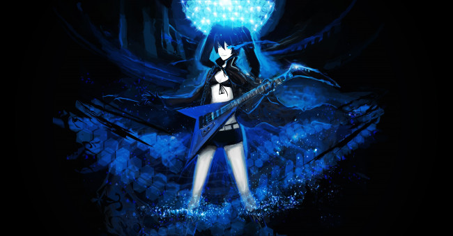 Обои картинки фото аниме, black rock shooter, брюнетка, девушка, arsenixc, kuroi, mato, black, rock, shooter, гитара, улыбка