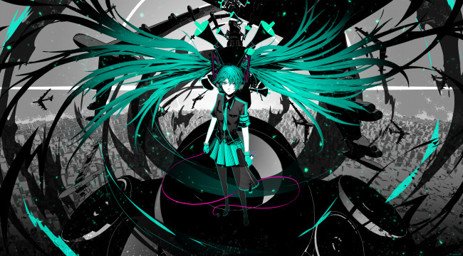 Обои картинки фото аниме, vocaloid, взгляд, девушка, синие, hatsune, miku, волосы, арт, arsenixc