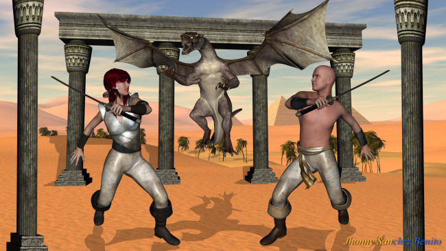 Обои картинки фото 3д графика, фантазия , fantasy, песок, пустыня, оружие, мужчина, рыжая, взгляд, фон, девушка, пальмы, небо, колоны, дракон, пирамиды, египет