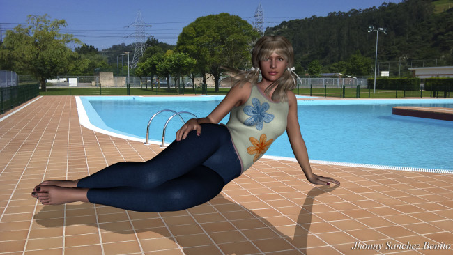Обои картинки фото 3д графика, люди , people, бассейн, фон, взгляд, девушка