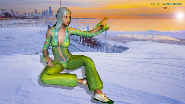 Обои картинки фото 3д графика, люди , people, девушка, взгляд, фон, снег, мост, город, закат