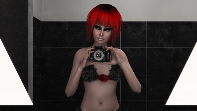 Обои картинки фото 3д графика, люди , people, девушка, взгляд, фон, рыжая, фотоаппарат