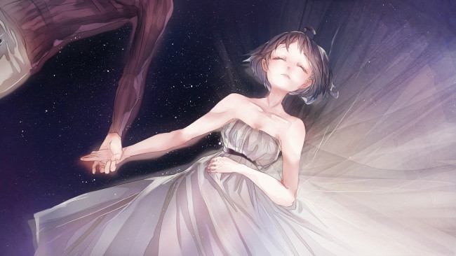 Обои картинки фото аниме, unknown,  другое, космос, парень, девушка, арт, рука, платье, mizutame, tori
