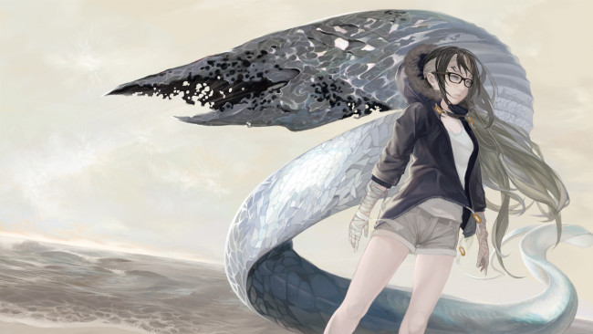 Обои картинки фото аниме, животные,  существа, угорь, вода, куртка, бинты, шорты, существо, thinnesta, count3, арт, девушка