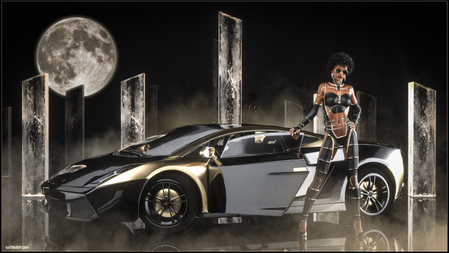 Обои картинки фото автомобили, 3d car&girl, девушка, фон, автомобиль, взгляд