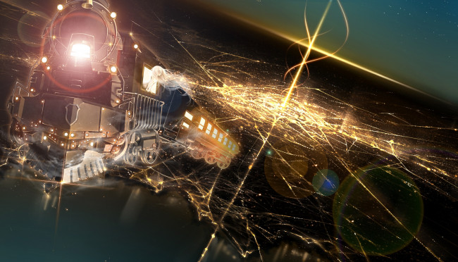 Обои картинки фото аниме, город,  улицы,  здания, поезд, огни, фантастика, девушка, ночь, арт, bouno, satoshi