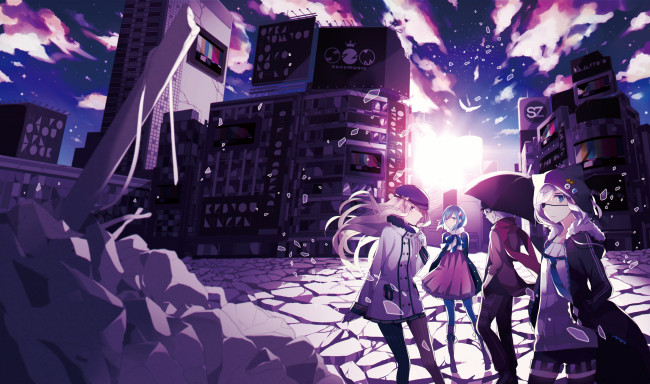 Обои картинки фото аниме, город,  улицы,  здания, artist, saine, осколки, улица, гороз, арт, девушки, здания