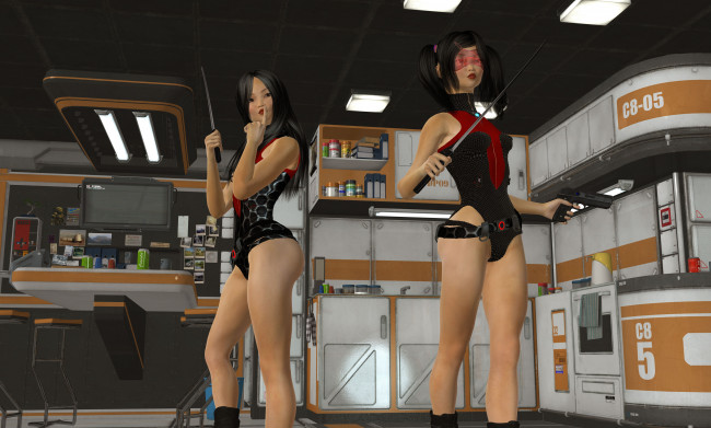 Обои картинки фото 3д графика, фантазия , fantasy, девушки, взгляд, фон, оружие