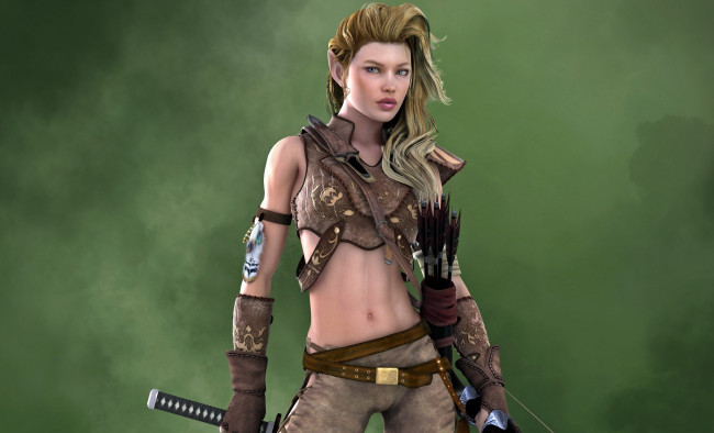 Обои картинки фото 3д графика, амазонки , amazon, эльфийка, оружие, фон, взгляд