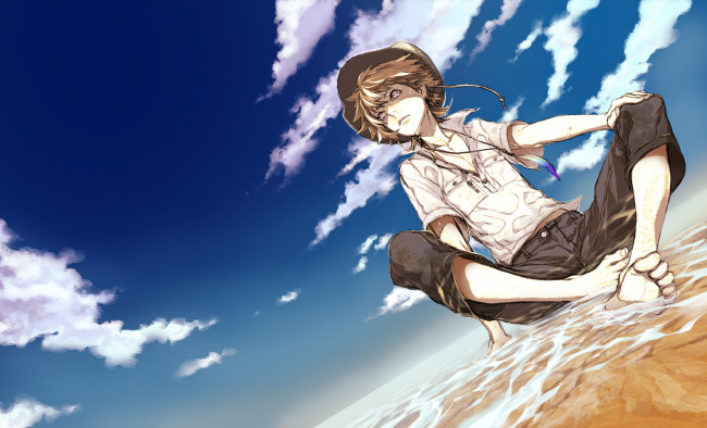 Обои картинки фото аниме, unknown,  другое, парень, арт, небо, облака