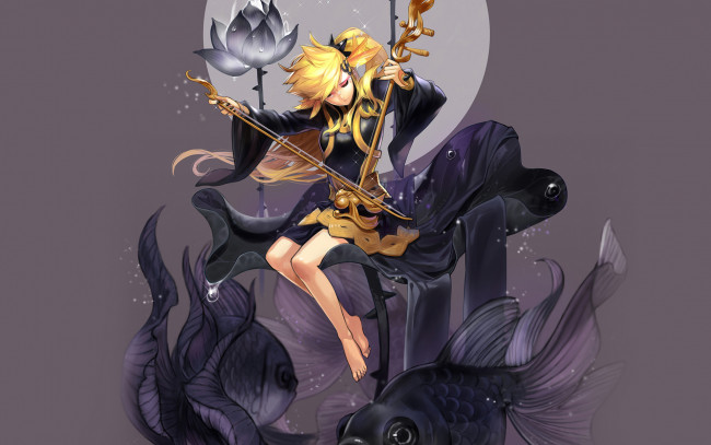 Обои картинки фото аниме, музыка, цветок, музыкальный, инструмент, рыбы, девушка, капли