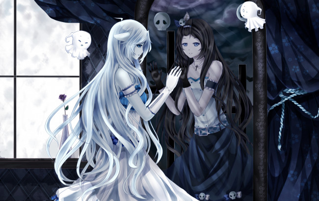 Обои картинки фото аниме, магия,  колдовство,  halloween, череп, приведения, девушка, зеркало, отражение