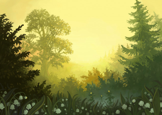 Обои картинки фото рисованное, природа, ландыши, деревья