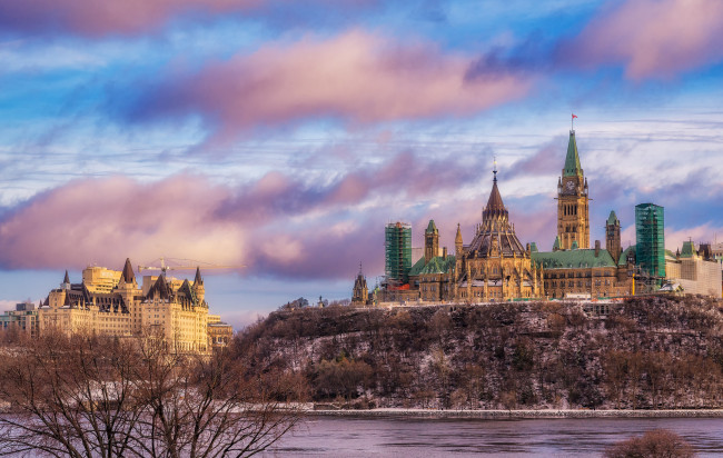 Обои картинки фото ottawa, города, оттава , канада, шпили, река, холм