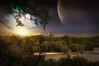 Картинка разное компьютерный+дизайн мариенкирхе замок закат германия нойбранденбург