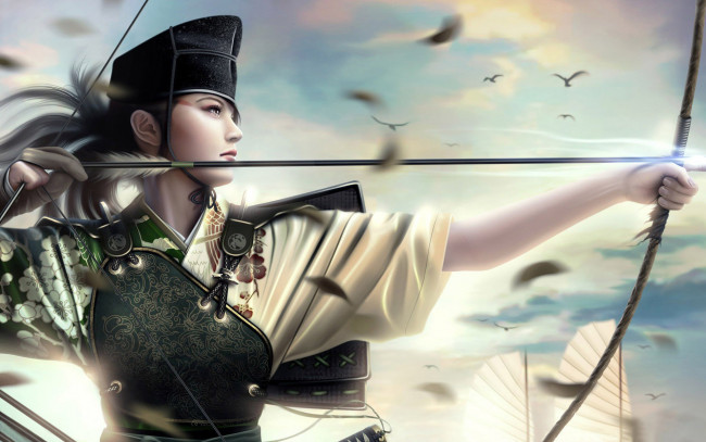 Обои картинки фото фэнтези, девушки, девушка, лук, стреляет, азиатка